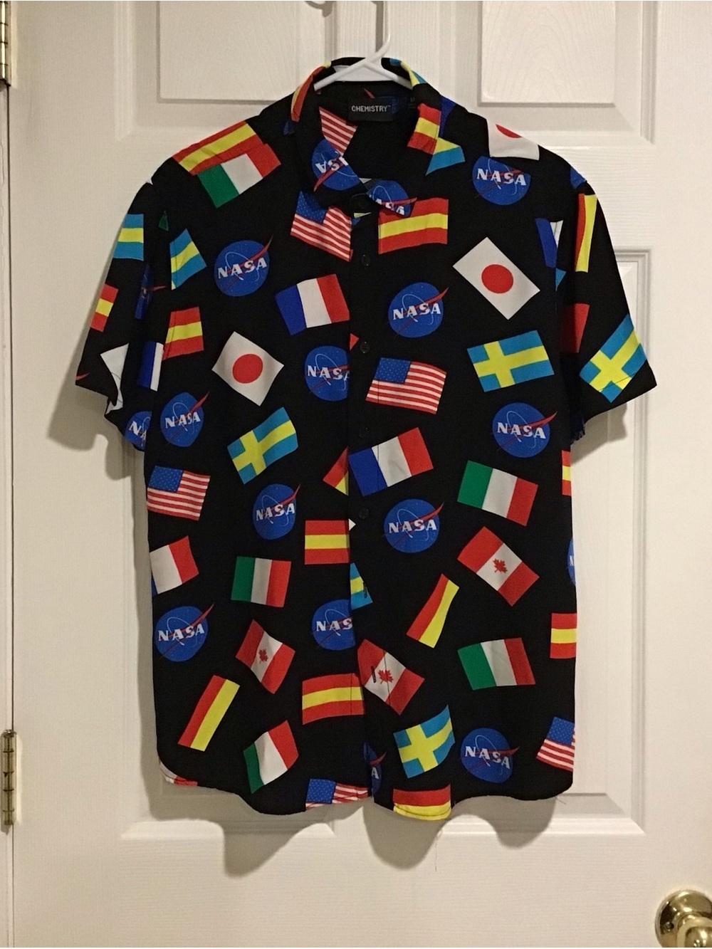 Chemistry Black Short-Sleeve Button-Up Shirt with Multicolor NASA & Flag Print